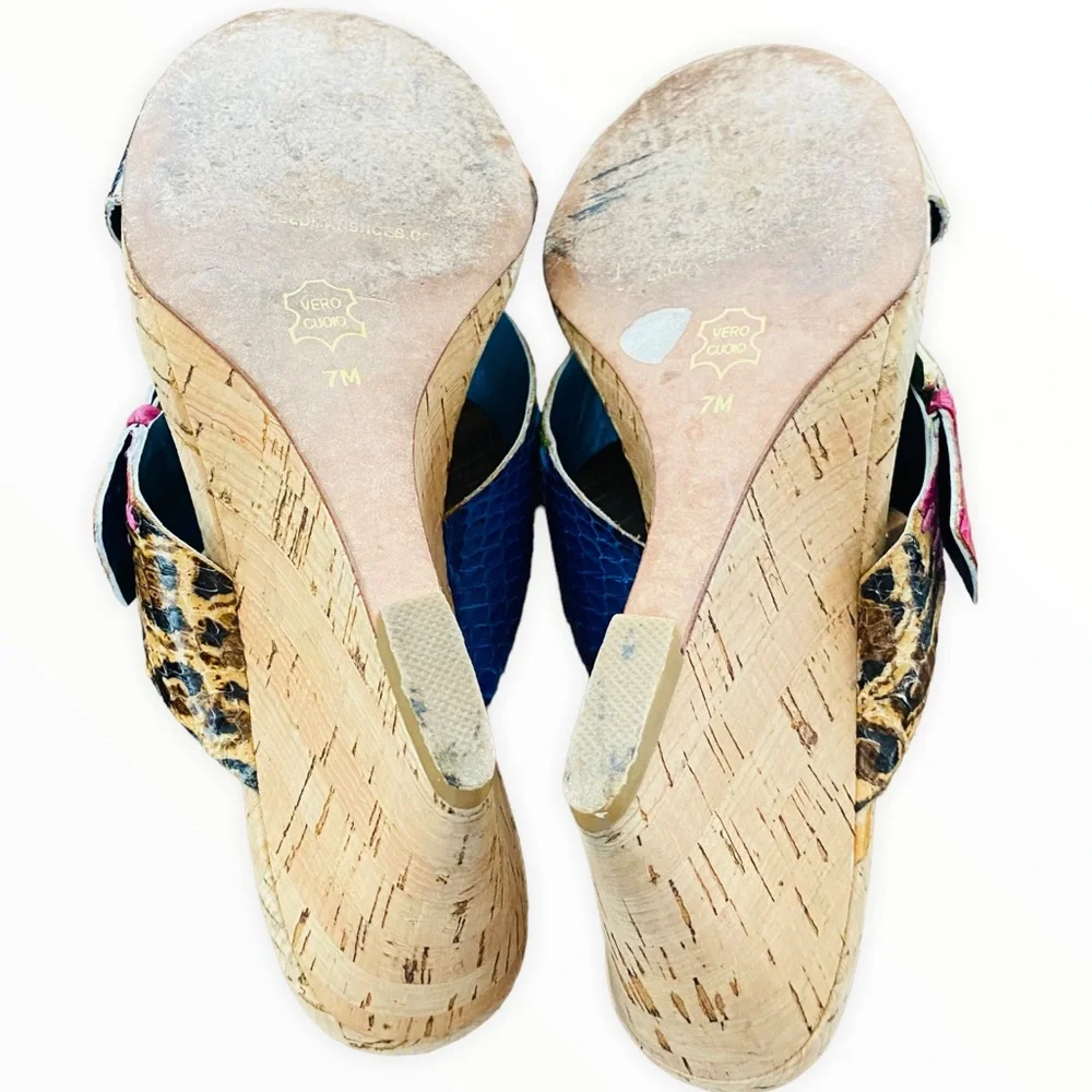Beverly Feldman 80’s Karena Mixed Print Colorful Belted Cork Wedges‎ Size 7